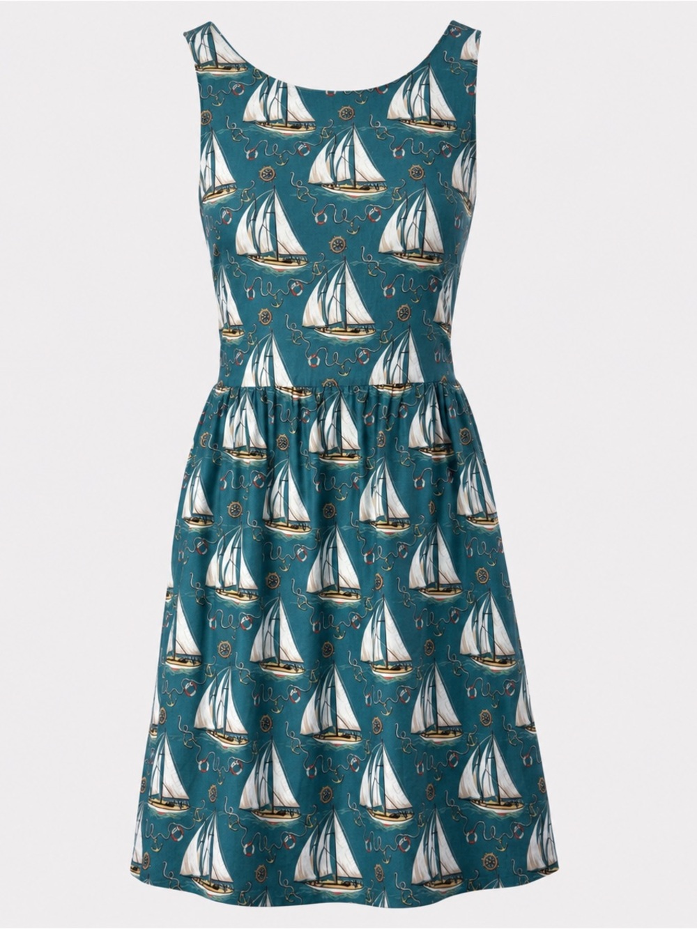Garnet Hill Nautical Teal Sailboat Print Midi Dress Size 8